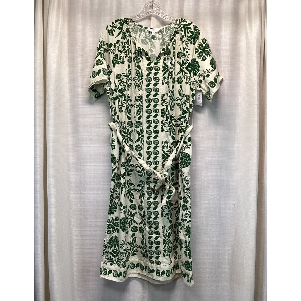 Time and Tru Womens Green Floral Paisley Midi Dress Cotton Linen Small 4-6 Beach